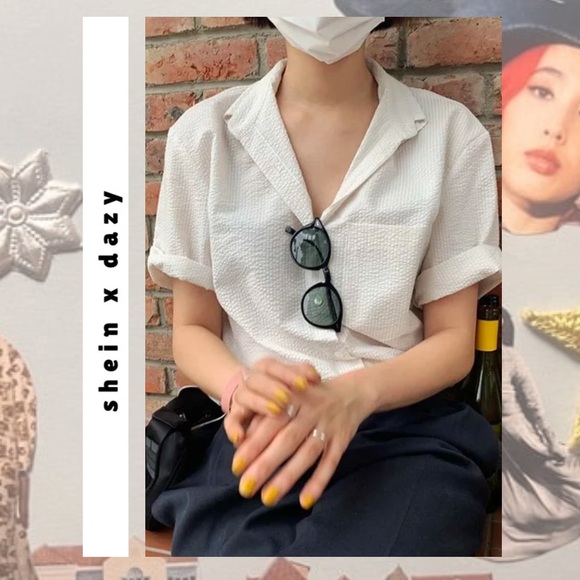 🎉 shein dazy short sleeve button-up textured collar shirt - Picture 1 of 14